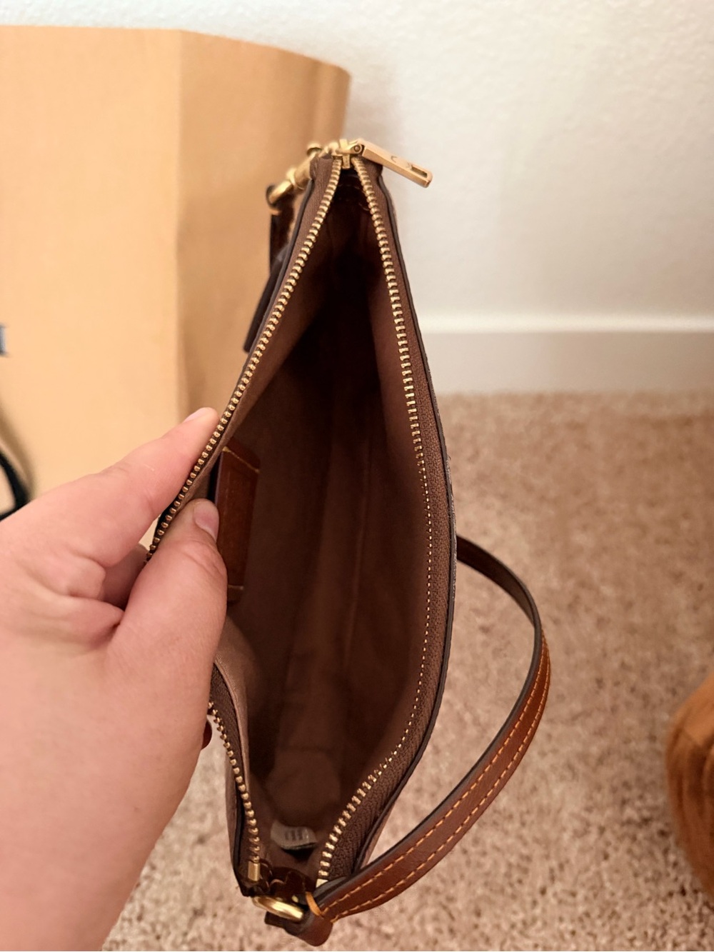 Coach Small Signature Canvas Shoulder Bag in Khaki and Chocolate - Picture 2 of 3